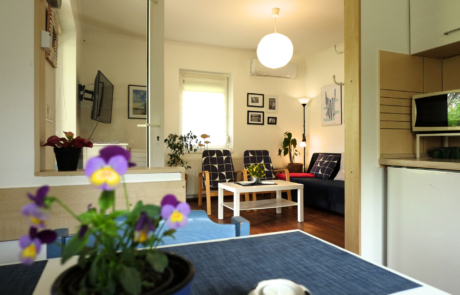 Cozy living area with blue plaid chairs, a white coffee table, plants, and wall art, viewed from a foreground flower-filled table.
